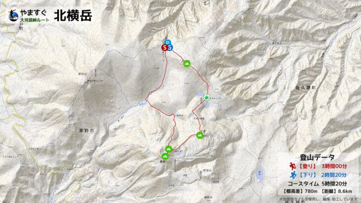 北横岳を大河原峠ルートの登山マップ