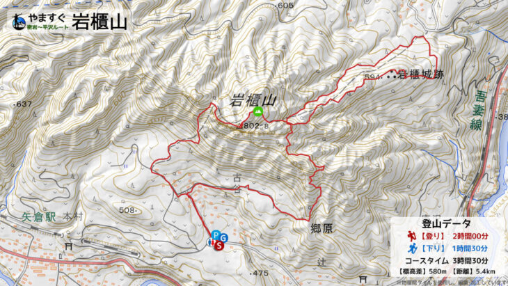 岩櫃山の密岩~平沢ルートマップ