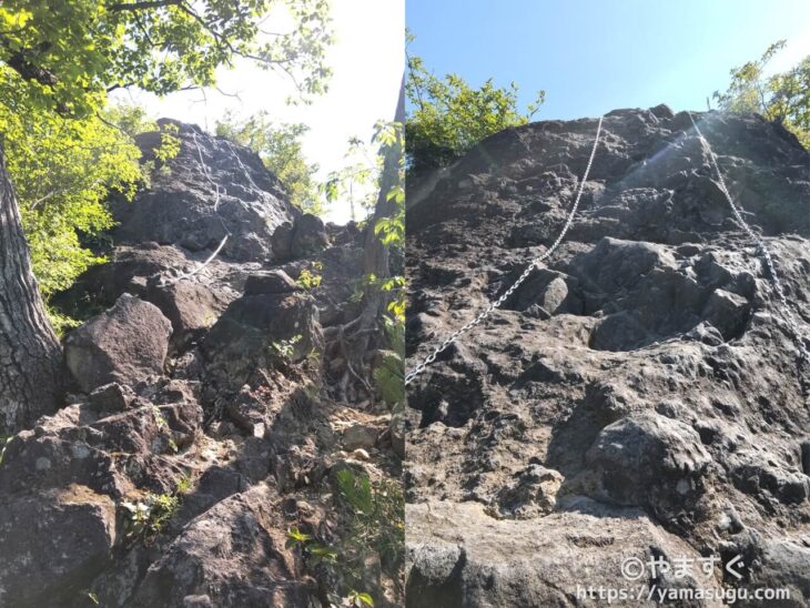 岩櫃山の頂上直下の鎖場