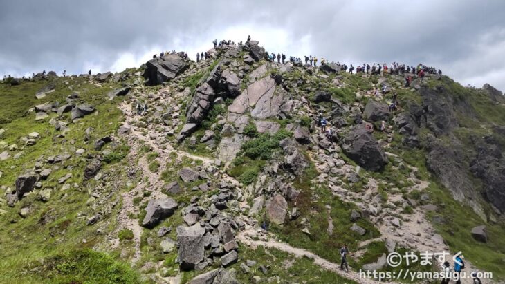 日光白根山の山頂の標識で写真を撮る登山者の行列